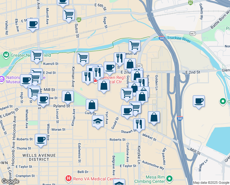 map of restaurants, bars, coffee shops, grocery stores, and more near 372 Maine Street in Reno