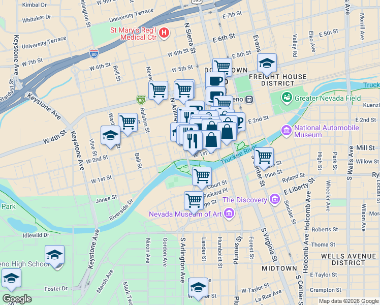 map of restaurants, bars, coffee shops, grocery stores, and more near 300 West 1st Street in Reno