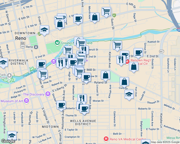 map of restaurants, bars, coffee shops, grocery stores, and more near 737 Willow Street in Reno