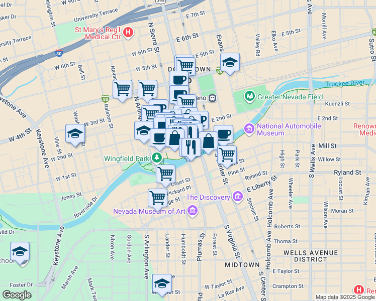 map of restaurants, bars, coffee shops, grocery stores, and more near 50 North Sierra Street in Reno