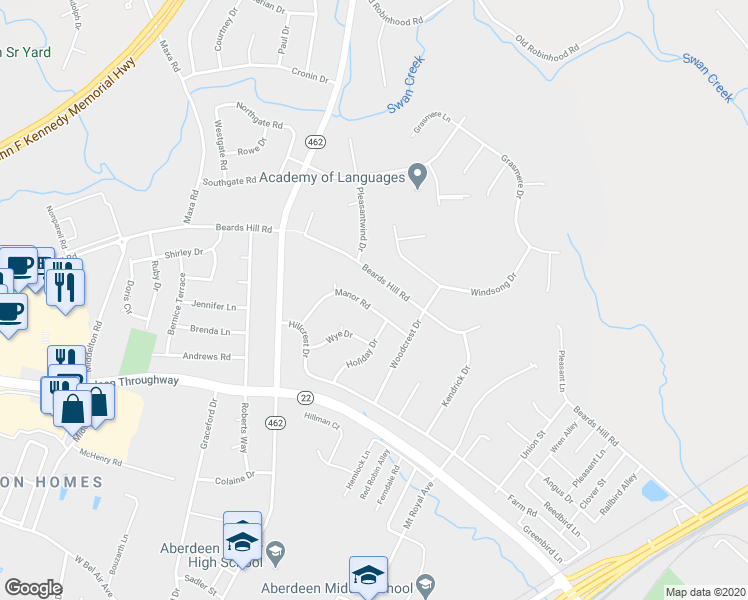 map of restaurants, bars, coffee shops, grocery stores, and more near 474 Manor Road in Aberdeen