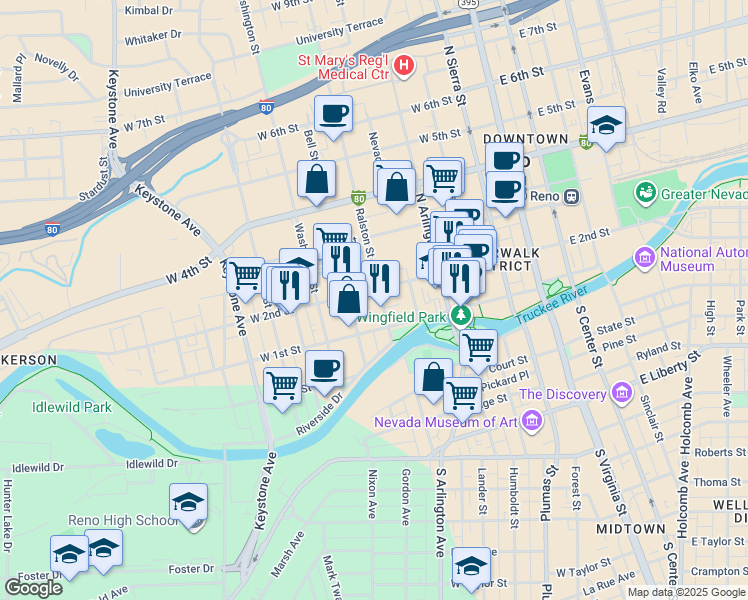 map of restaurants, bars, coffee shops, grocery stores, and more near 147 Ralston Street in Reno
