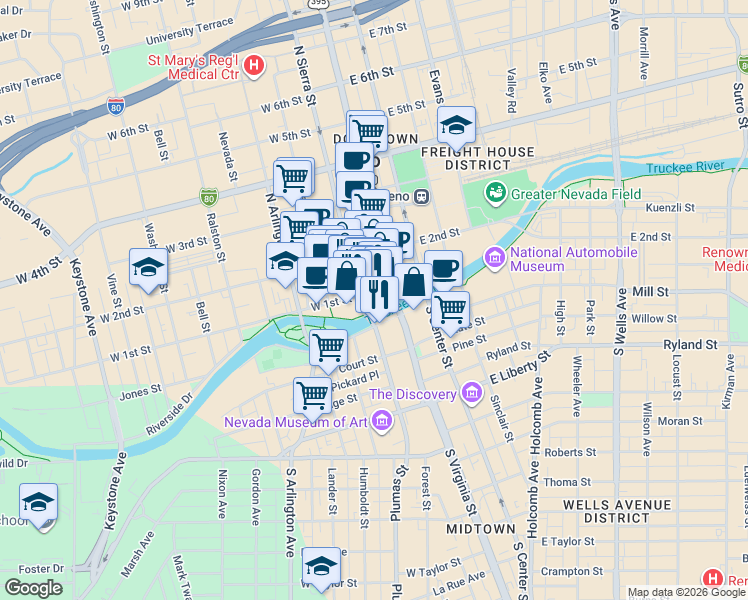map of restaurants, bars, coffee shops, grocery stores, and more near in Reno