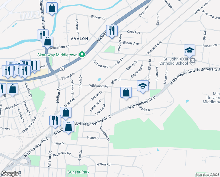 map of restaurants, bars, coffee shops, grocery stores, and more near 1110 Ellen Drive in Middletown