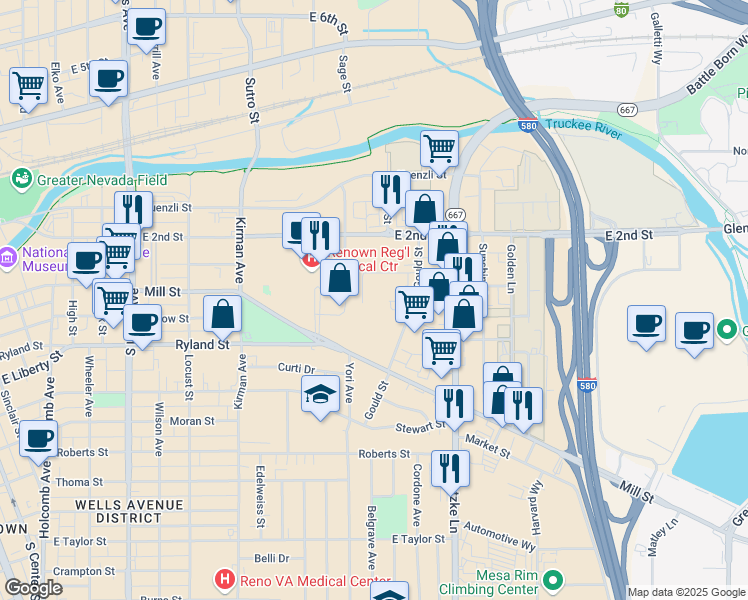 map of restaurants, bars, coffee shops, grocery stores, and more near 372 Maine Street in Reno