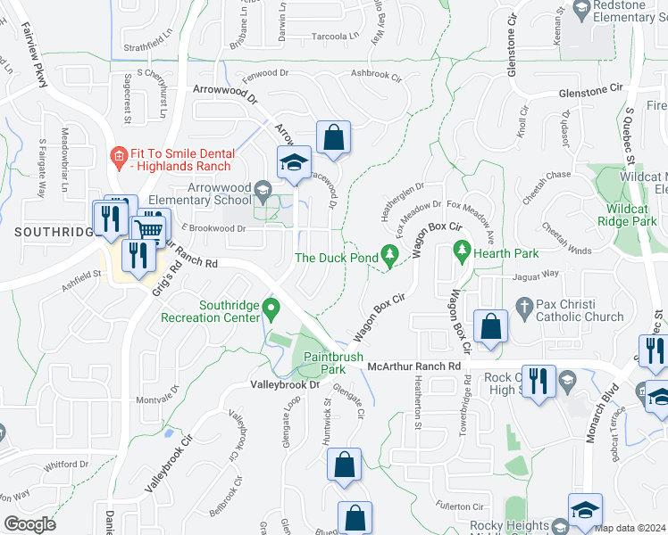 map of restaurants, bars, coffee shops, grocery stores, and more near 10549 Tracewood Cir in Highlands Ranch