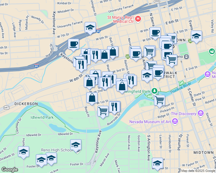 map of restaurants, bars, coffee shops, grocery stores, and more near 777 West 2nd Street in Reno