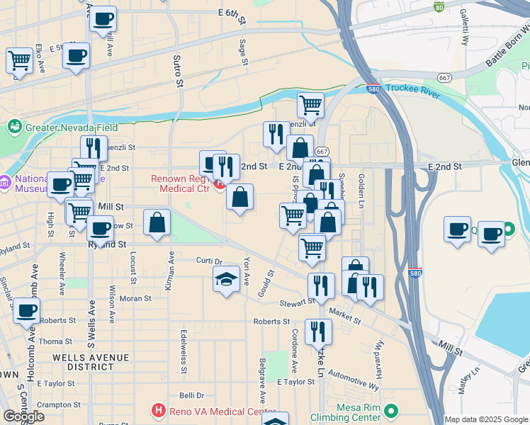 map of restaurants, bars, coffee shops, grocery stores, and more near 372 Maine Street in Reno