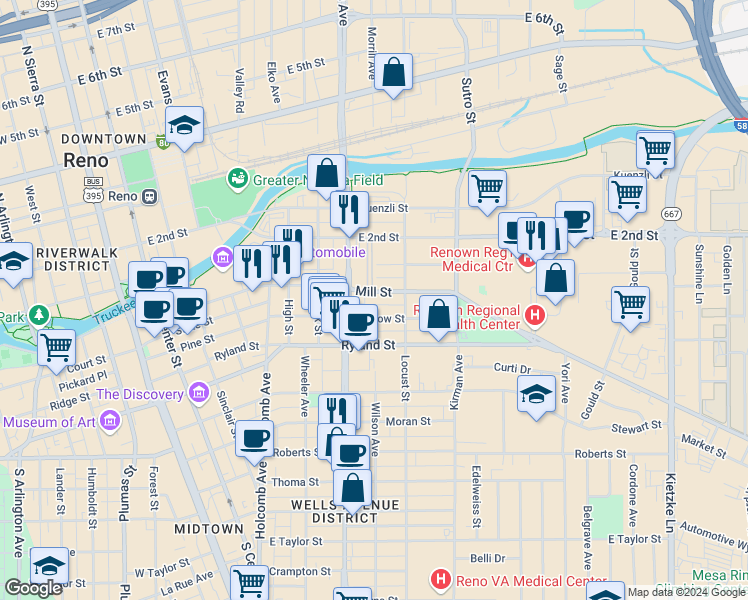 map of restaurants, bars, coffee shops, grocery stores, and more near 737 Willow Street in Reno
