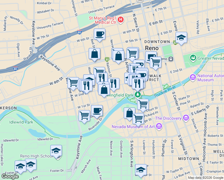 map of restaurants, bars, coffee shops, grocery stores, and more near 135 Ralston Street in Reno