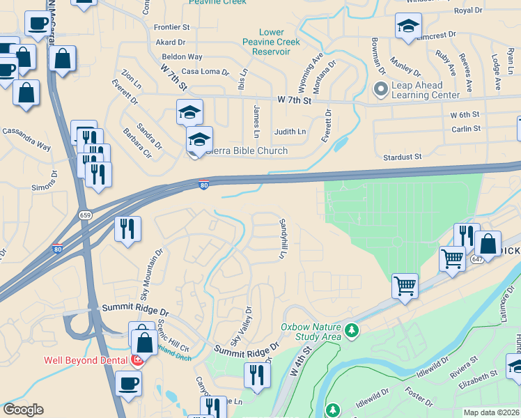 map of restaurants, bars, coffee shops, grocery stores, and more near 1401 Sandyhill Lane in Reno