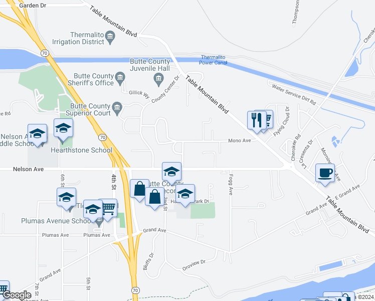 map of restaurants, bars, coffee shops, grocery stores, and more near 2240 Del Oro Avenue in Oroville