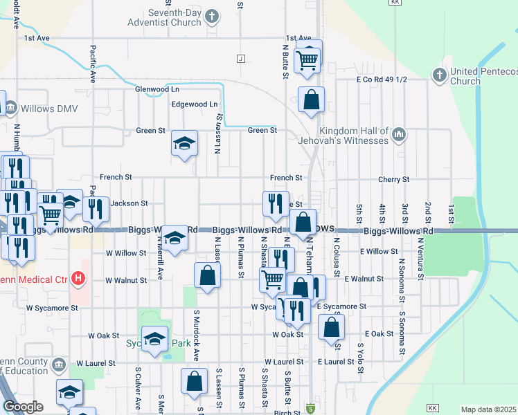 map of restaurants, bars, coffee shops, grocery stores, and more near 421 North Shasta Street in Willows