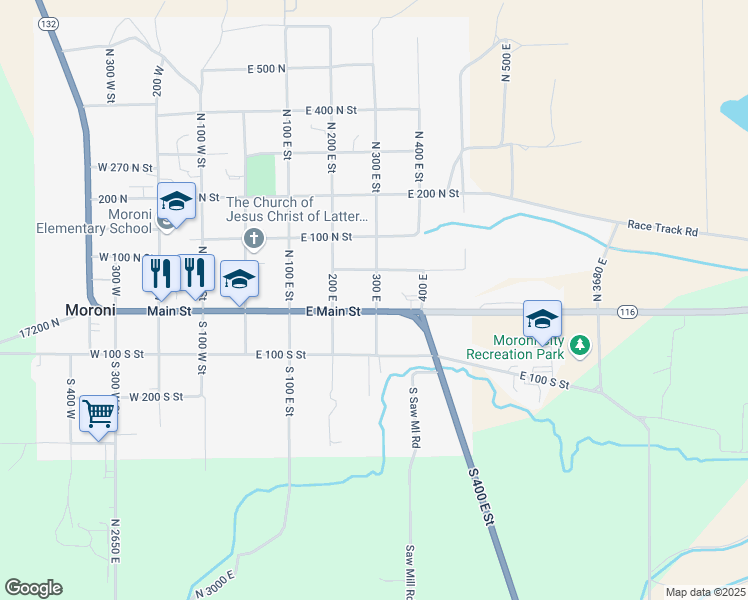 map of restaurants, bars, coffee shops, grocery stores, and more near 47 North 300 East in Moroni