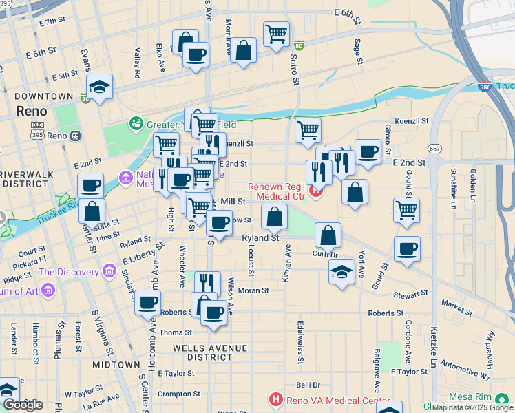 map of restaurants, bars, coffee shops, grocery stores, and more near 190 Locust Street in Reno