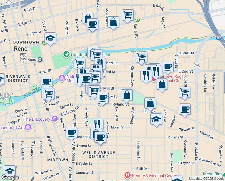 map of restaurants, bars, coffee shops, grocery stores, and more near 190 Locust Street in Reno