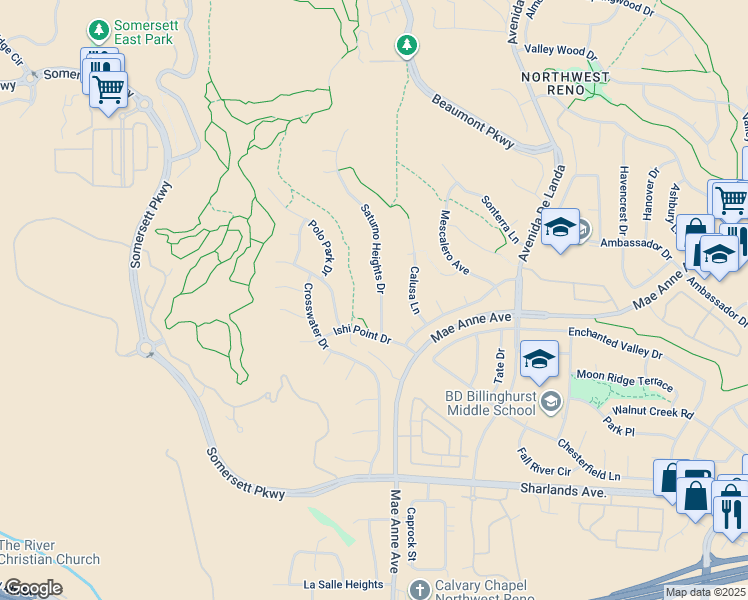 map of restaurants, bars, coffee shops, grocery stores, and more near 1461 Saturno Heights Drive in Reno