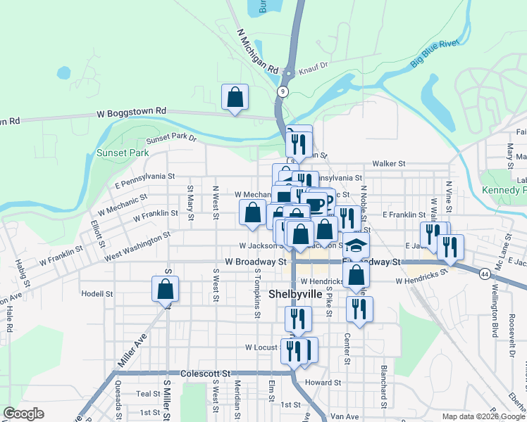 map of restaurants, bars, coffee shops, grocery stores, and more near 50 West Franklin Street in Shelbyville