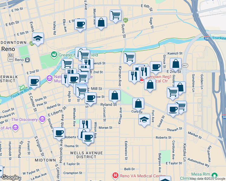 map of restaurants, bars, coffee shops, grocery stores, and more near 197 Kirman Avenue in Reno