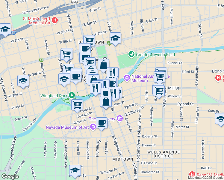 map of restaurants, bars, coffee shops, grocery stores, and more near 5 Lake Street in Reno