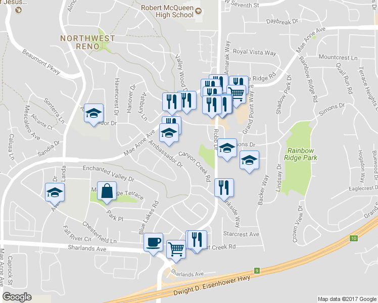 map of restaurants, bars, coffee shops, grocery stores, and more near 1406 Canyon Creek Road in Reno