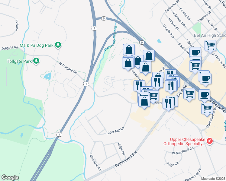 map of restaurants, bars, coffee shops, grocery stores, and more near 203 Yorkshire Way in Bel Air