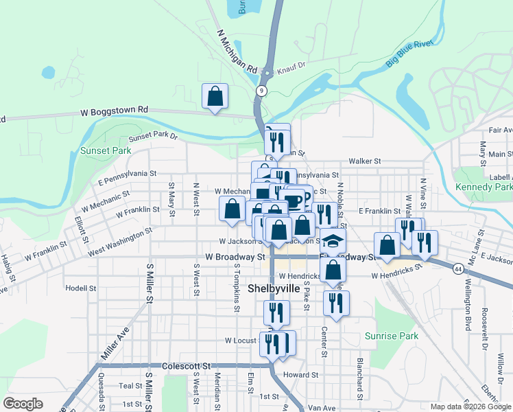 map of restaurants, bars, coffee shops, grocery stores, and more near 13 Public Square in Shelbyville