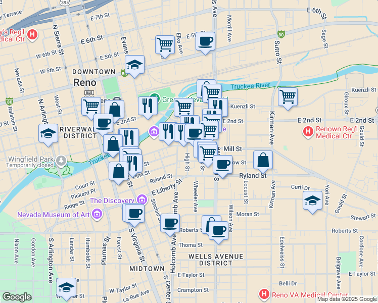 map of restaurants, bars, coffee shops, grocery stores, and more near 531 Willow Street in Reno