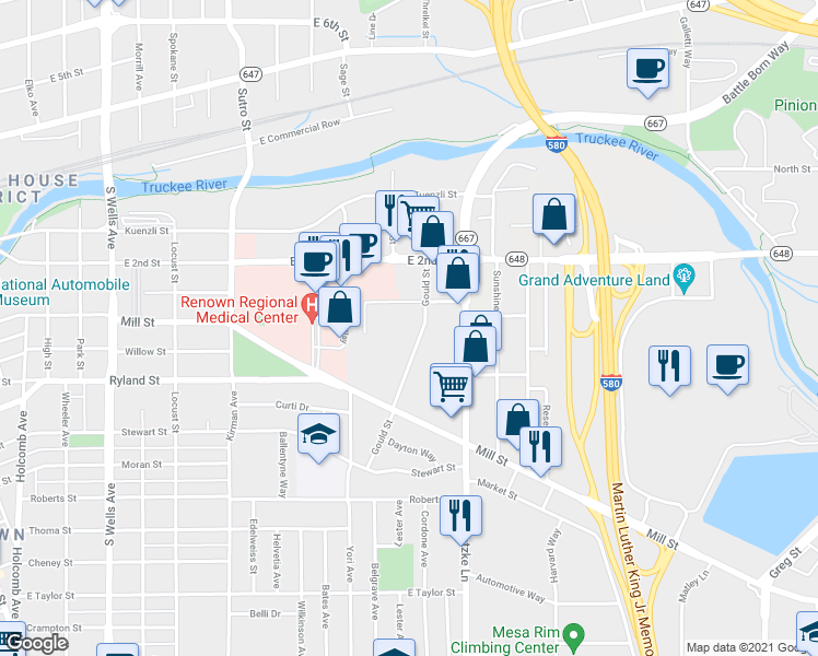 map of restaurants, bars, coffee shops, grocery stores, and more near 395 Gould Street in Reno