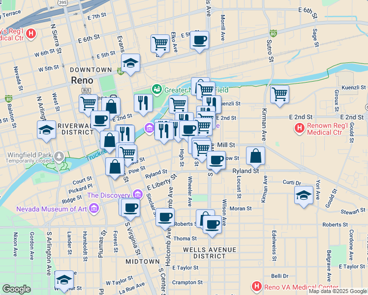 map of restaurants, bars, coffee shops, grocery stores, and more near 531 Willow Street in Reno