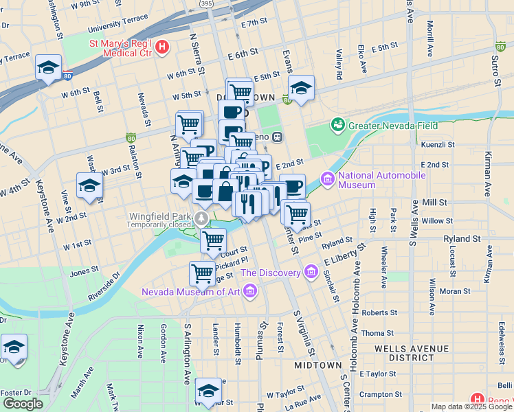 map of restaurants, bars, coffee shops, grocery stores, and more near in Reno
