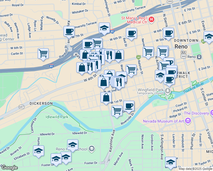 map of restaurants, bars, coffee shops, grocery stores, and more near 211 Commercial Row in Reno