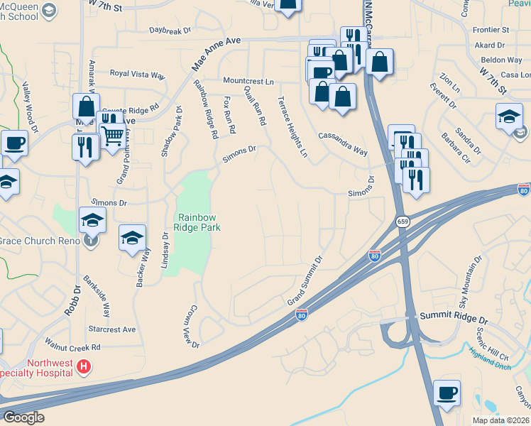 map of restaurants, bars, coffee shops, grocery stores, and more near 1460 Snow Summit Drive in Reno