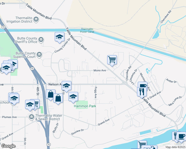 map of restaurants, bars, coffee shops, grocery stores, and more near 55 Mono Avenue in Oroville