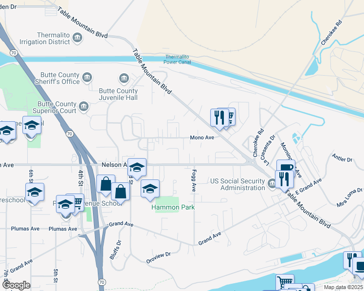 map of restaurants, bars, coffee shops, grocery stores, and more near 61 Mono Avenue in Oroville