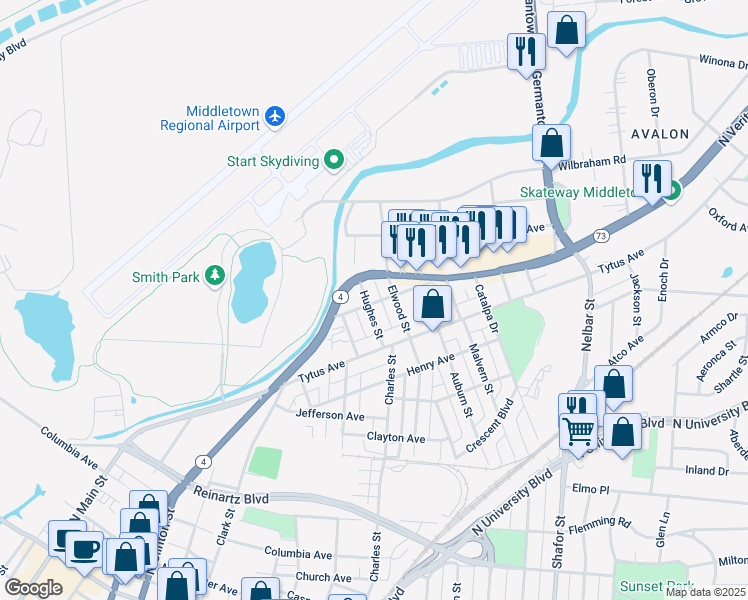 map of restaurants, bars, coffee shops, grocery stores, and more near 1024 Hughes Street in Middletown