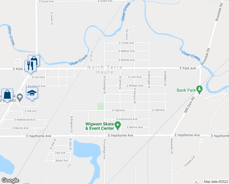 map of restaurants, bars, coffee shops, grocery stores, and more near 3825 East Beulah Avenue in Terre Haute