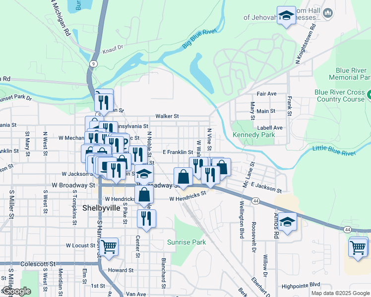 map of restaurants, bars, coffee shops, grocery stores, and more near 301 East Franklin Street in Shelbyville