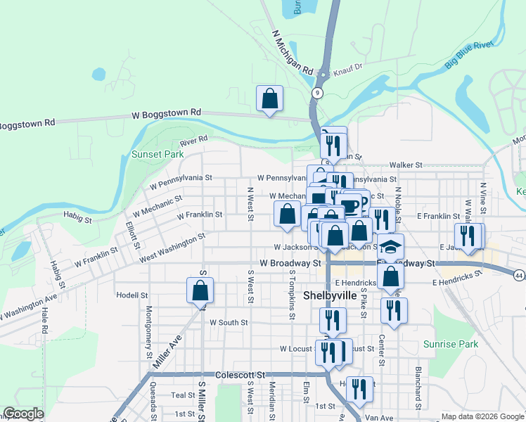 map of restaurants, bars, coffee shops, grocery stores, and more near 132 West Washington Street in Shelbyville