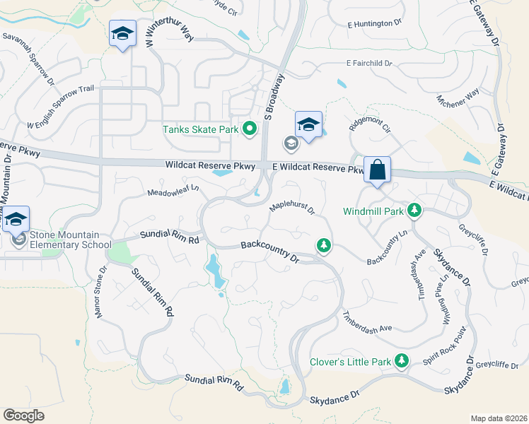map of restaurants, bars, coffee shops, grocery stores, and more near 10534 Morningdew Court in Highlands Ranch