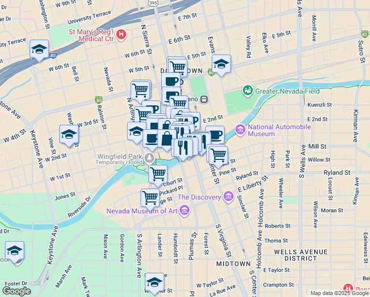 map of restaurants, bars, coffee shops, grocery stores, and more near in Reno