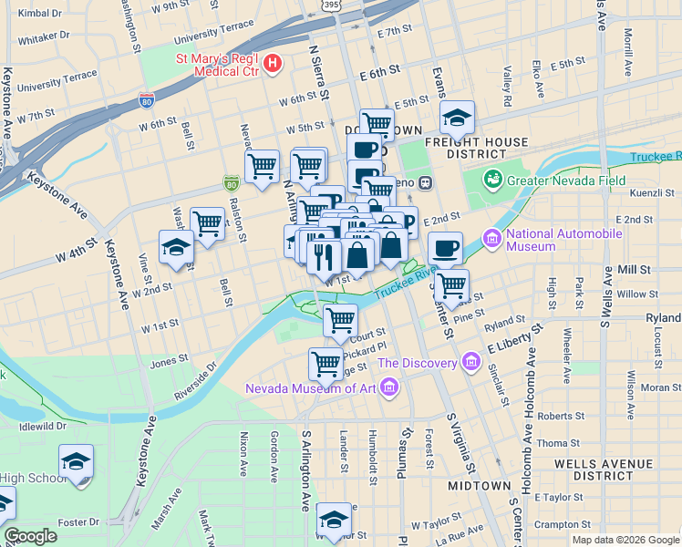 map of restaurants, bars, coffee shops, grocery stores, and more near 118 West Street in Reno