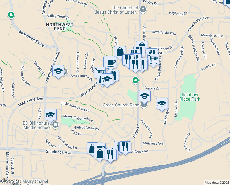 map of restaurants, bars, coffee shops, grocery stores, and more near 1496 Canyon Creek Road in Reno