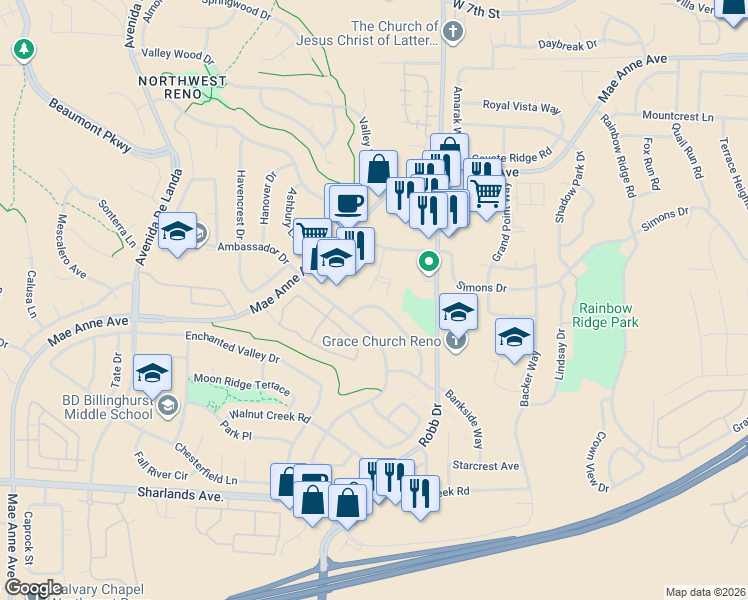 map of restaurants, bars, coffee shops, grocery stores, and more near 1405 Canyon Creek Road in Reno
