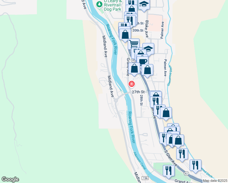 map of restaurants, bars, coffee shops, grocery stores, and more near 2647 Woodberry Drive in Glenwood Springs
