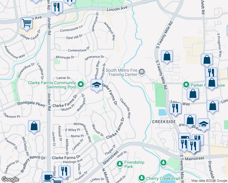 map of restaurants, bars, coffee shops, grocery stores, and more near 10614 Clarke Farms Drive in Parker