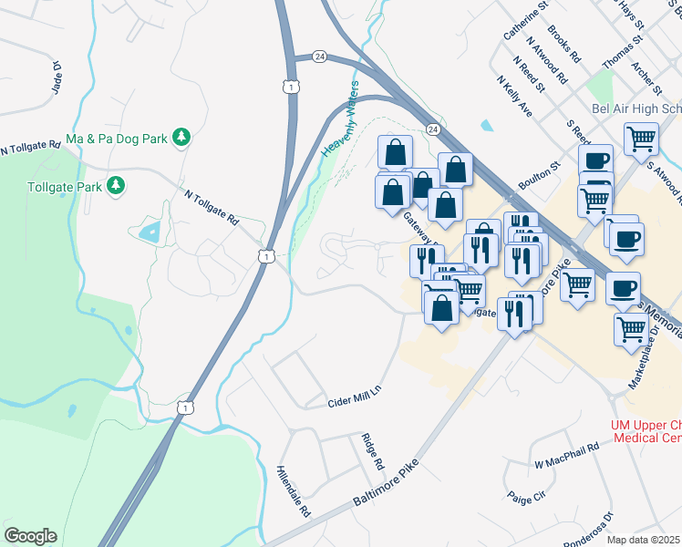 map of restaurants, bars, coffee shops, grocery stores, and more near 201 Yorkshire Way in Bel Air