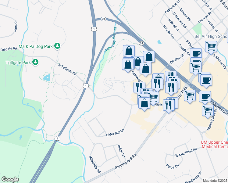 map of restaurants, bars, coffee shops, grocery stores, and more near 203 Yorkshire Way in Bel Air