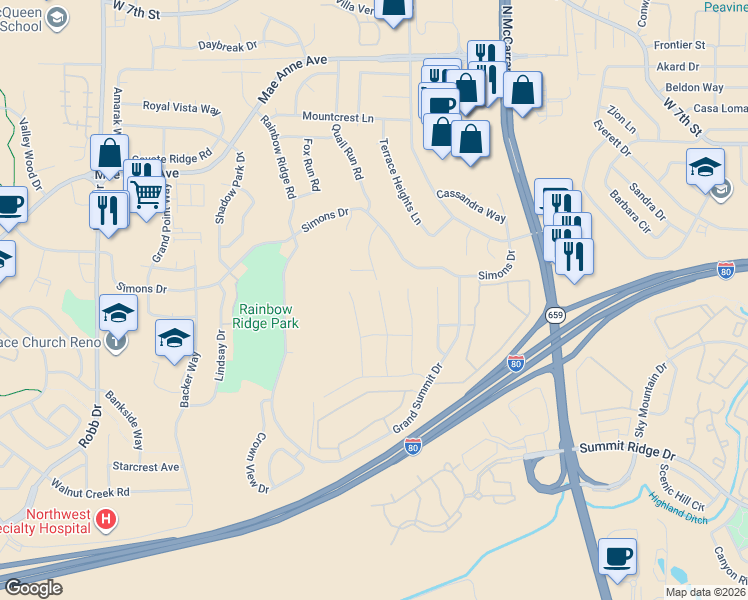 map of restaurants, bars, coffee shops, grocery stores, and more near 1460 Snow Summit Drive in Reno