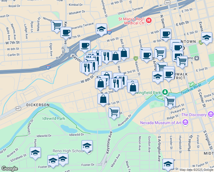 map of restaurants, bars, coffee shops, grocery stores, and more near 245 Vine Street in Reno